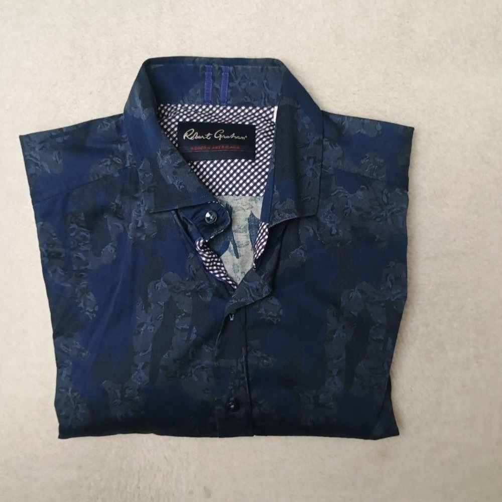 Robert Graham Shirt Mens L Blue Floral Button-Up Slim Stretch Collared Flip Cuff